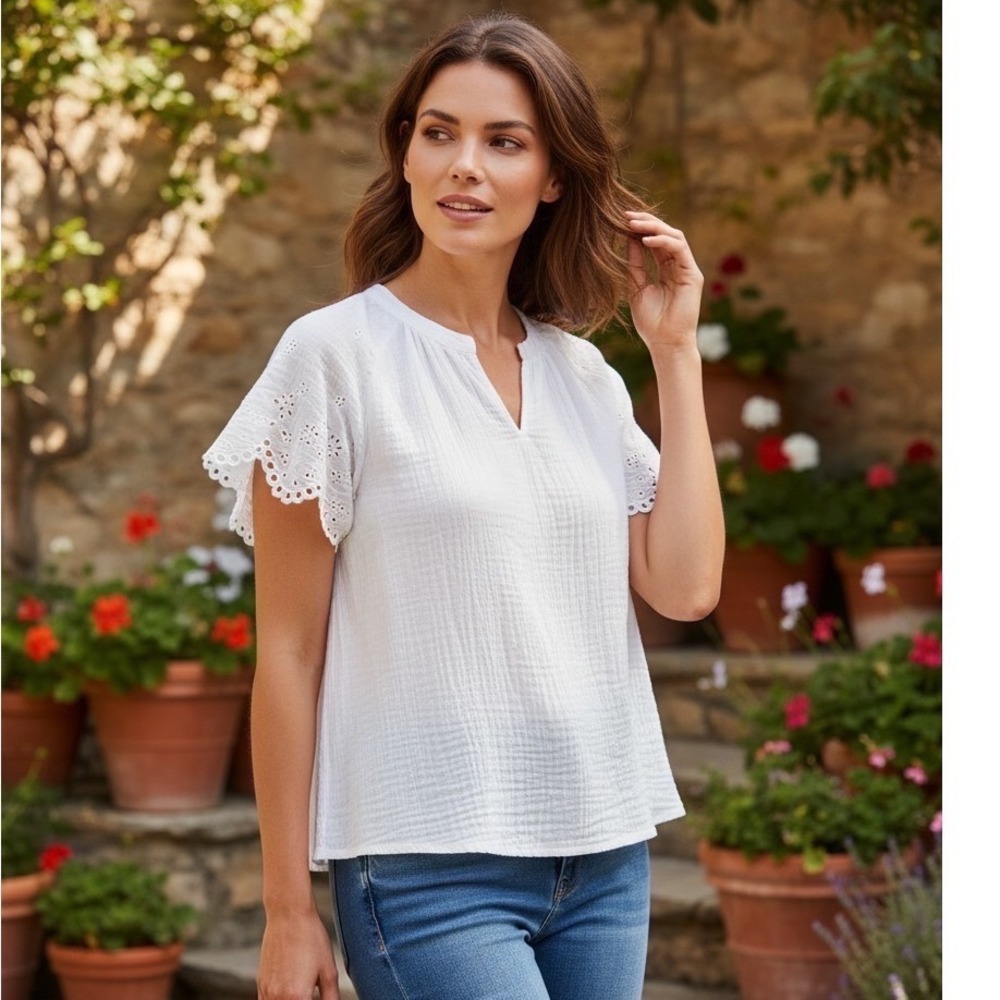 Beachlunchlounge Dessa White Cotton Gauze Eyelet Short Sleeve Top Cottagecore S - Picture 4 of 13